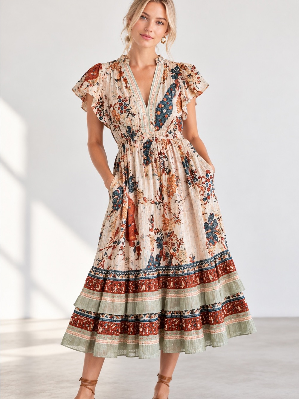 Ulla Johnson Remi Egret Peacock Floral Tiered Midi Dress Size 2
